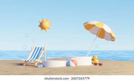 3D render, Summer beach background with empty display podium, umbrella, sun, chair, and summer accessories