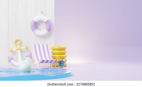 3d Render Summer Sale Podium Stand For Showing Product. Beach Vacations Scene In Summer For Mock Up.