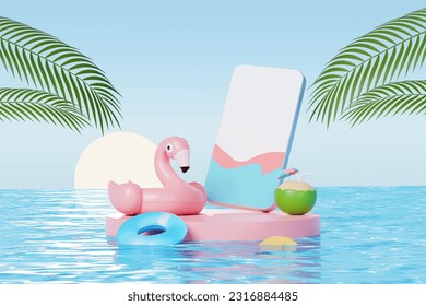 3D render Summer vacation abstract product display, Minimal Realistic Display Podium in the blue ocean sea background concept, Cosmetics with tropical summer island, umbrella, inflatable ring. - Shutterstock ID 2316884485