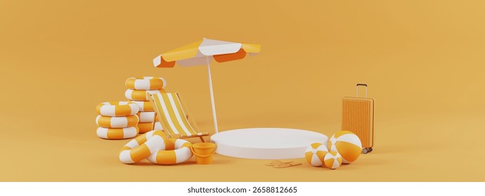 3D render Summer vacation concept with beach accessories and podium.