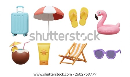 3D render of summer vacation items suitcase, beach umbrella, flipflops, inflatable flamingo, coconut drink, sunscreen, beach chair, sunglasses.