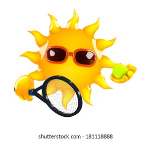 3d Render Of The Sun Holding A Tennis Raquet