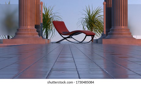 3d render. Sunset composition with old columns and water. Architectural environment with red sunbed in center.