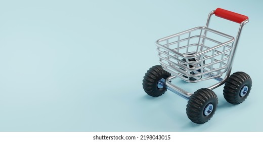 3D Render Of Super Shopping Cart On Pastel Background, Large Purchase Concept