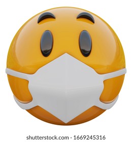 3D Render Of Suprised Yellow Emoji Face In Medical Mask Protecting From Coronavirus 2019-nCoV, MERS-nCoV, Sars, Bird Flu And Other Viruses, Germs And Bacteria And Contagious Disease.