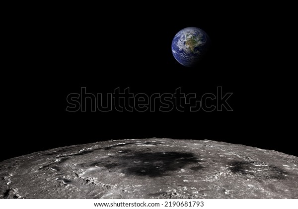 A 3d render of the surface of the moon with an\
Earth in the background. Some elements of this image provided by\
NASA.