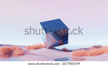 3d render, surreal abstract desert landscape with reflective glass cube