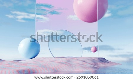 3D render, Surreal abstract landscape with pink and blue spheres and mirrored arch