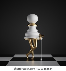 3d Render, Surreal Concept, Chess Game Piece, White Pawn, Object With Golden Slim Legs, Classic Checkered Floor, Abstract Modern Minimal Design