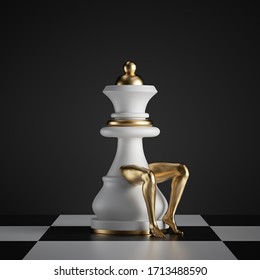 3d Render, Surreal Concept, Chess Game Piece, White King Sits, Object With Golden Slim Model Legs, Classic Checkered Floor, Abstract Modern Minimal Design