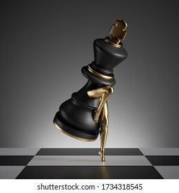 3d Render, Surreal Concept, Chess Game Piece, Black King Object With Golden Slim Model Legs, Classic Checkered Floor, Abstract Modern Minimal Design