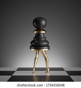 3d Render, Surreal Concept, Chess Game Piece, Black Pawn, Object With Golden Slim Legs, Classic Checkered Floor, Abstract Modern Minimal Design