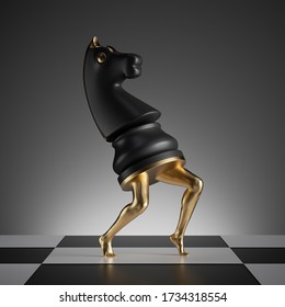 3d Render, Surreal Concept, Chess Game Knight Piece, Black Horse With Golden Slim Legs, Classic Checkered Floor, Abstract Modern Minimal Design