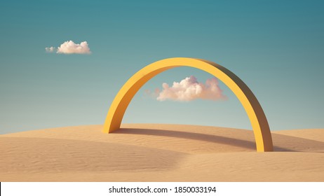 3d Render, Surreal Desert Landscape With Yellow Arch And White Clouds In The Blue Sky On Sunny Day. Modern Minimal Abstract Background