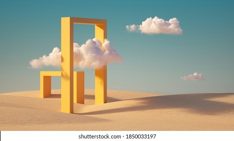 3 d rendimientos, paisaje surrealista del desierto con nubes blancas entrando en los portales cuadrados amarillos en el día soleado. Fondo abstracto mínimo moderno