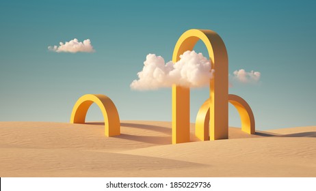 3d Render, Surreal Desert Landscape With Yellow Arches And White Clouds In The Blue Sky. Modern Minimal Abstract Background