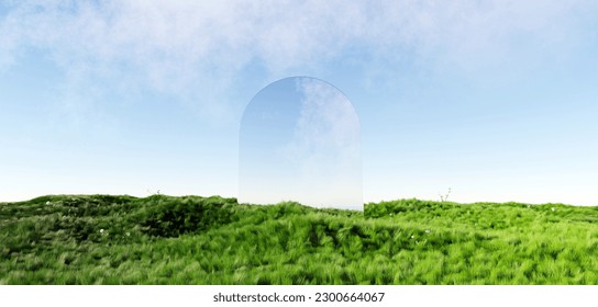 3d render Surreal green shaggy surface Grassland mountain landscape background in minimal concept  abstract fantastic dune  panoramic  futuristic beauty meadow copy space  blue sky   cloudy
