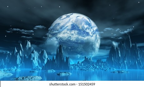 3D Render Of A Surreal Ice Planet With Earth In The Sky