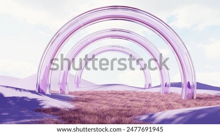 3d render of surreal landscape with  colored grass and sand. Podium, display on the background of abstract glass shapes and objects. Fantasy world, futuristic fantasy image.