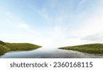 3d render of surreal landscape with  podium in the water and green grass. Podium, display on the background of abstract glass, mirror shapes and objects. Fantasy world, futuristic fantasy image.