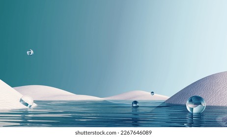 3d render surreal landscape and round podium in the water   white sand  Podium  display the background abstract glass shapes   objects  Fantasy world  futuristic fantasy image 