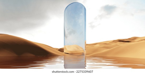 3d render of surreal landscape with round podium in the water and colorful sand. Podium, display on the background of abstract glass, mirror shapes and objects.Fantasy world, futuristic fantasy image.