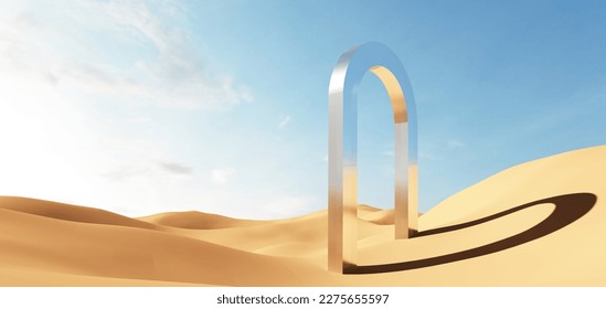 3d render surreal landscape and round podium in the water   colorful sand  Podium  display the background abstract glass  mirror shapes   objects Fantasy world  futuristic fantasy image 