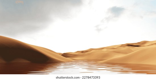3d render of surreal landscape with round podium in the water and colorful sand. Podium, display on the background of abstract glass, mirror shapes and objects.Fantasy world, futuristic fantasy image.