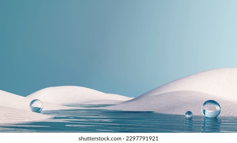 3d render surreal landscape and round podium in the water   white sand  Podium  display the background abstract glass shapes   objects  Fantasy world  futuristic fantasy image 
