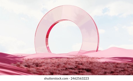 3d render of surreal landscape with round podium in colored grass and sand. Podium, display on the background of abstract glass shapes and objects. Fantasy world, futuristic fantasy image.