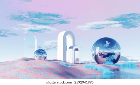 3D render, Surreal landscape with white arches, reflective spheres, and pink terrain background