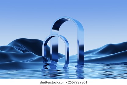 3d render of surreal panoramic background. Abstract minimal wallpaper of fantastic landscape with metal archs, hills and reflection in the water.
