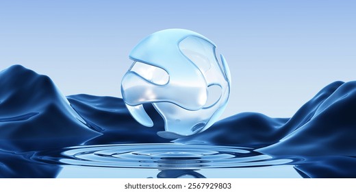 3d render of surreal panoramic background. Abstract minimal wallpaper of fantastic landscape with glass eroded sphere, hills and reflection in the water.