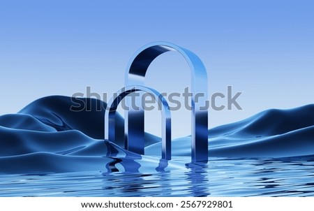 3d render of surreal panoramic background. Abstract minimal wallpaper of fantastic landscape with metal archs, hills and reflection in the water.
