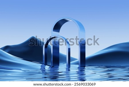 3d render of surreal panoramic background. Abstract minimal wallpaper of fantastic landscape with metal archs, hills and reflection in the water.