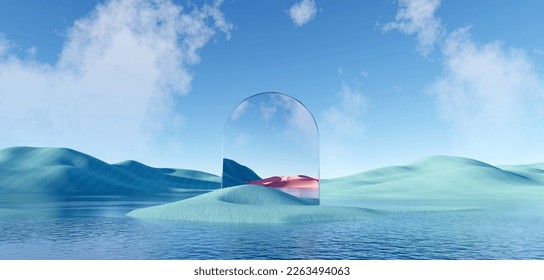 3d render Surreal pastel landscape background and geometric shapes  abstract fantastic desert dune in seasoning landscape and arches  panoramic  futuristic scene and copy space  blue sky   cloudy