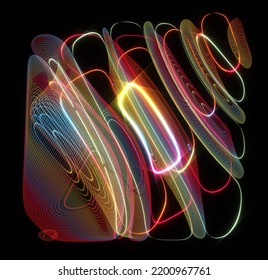 3d Render With Surreal Plasma Cube Deformation Process Based On Curve Wavy Parallel Round Glowing Neon Glowing Laser Lines On Surface In Rainbow Gradient Color On Black Background