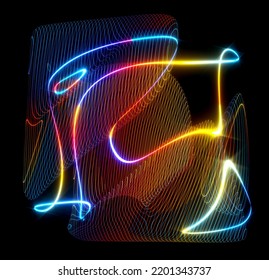 3d Render With Surreal Plasma Cube Deformation Process Based On Curve Wavy Parallel Round Glowing Neon Glowing Laser Lines On Surface In Rainbow Gradient Color On Black Background