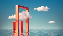 3d Render, Surreal Seascape With White Clouds Going Into The Red Square Portals. Modern Minimal Abstract Background With Simple Geometric Shapes And Water