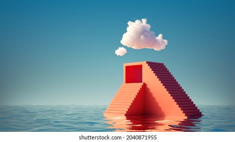 3d render  Surreal seascape  White clouds in the blue sky above the red pyramid and steps  Modern minimal abstract background and geometric shape   water  Challenge concept  business metaphor
