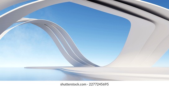 3d render surreal white minimal architecture background with geometric shapes, abstract fantastic design , landmark futuristic panoramic, futuristic scene with copy space, blue sky and cloudy.