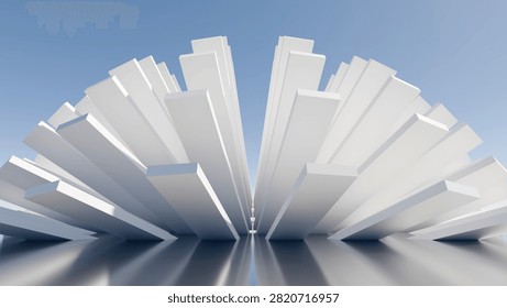 3D render of symmetrical white radial rectangular pillars sculpture under clear blue sky with reflection