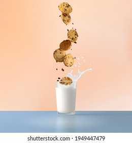 3d Render Of Tasty Cookie With Raisins Falling In A Glass Full Of Milk