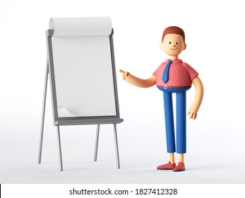 3d render. Teacher or professional manager cartoon character stands near the blank board. Education concept. Conference speaker clip art isolated on white background