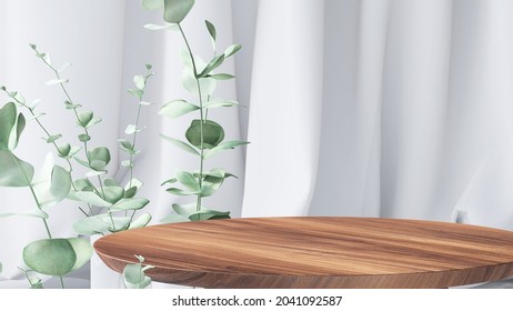 3D Render Of A Teak Wood Round Table With Decorative Eucalyptus Bouquet Plant Beside White Linen Curtain. Beautiful Sunlight And Shadow, Products Display, Background, Mock Up, Overlay, Nature, Organic