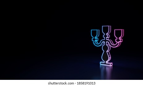 3d Render Techno Neon Purple Blue Glowing Outline Wireframe Symbol Of Vintage Candelabra For Candles Isolated On Black Background With Glossy Reflection On Floor