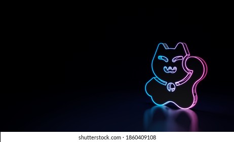 3d Render Techno Neon Purple Blue Glowing Outline Wireframe Symbol Of Maneki Neko Cute Cat Isolated On Black Background With Glossy Reflection On Floor