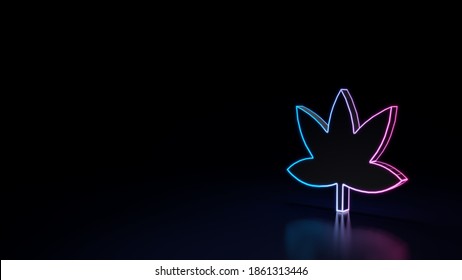 3d render techno neon purple blue glowing outline wireframe symbol of cannabis or marijuana isolated on black background with glossy reflection on floor
