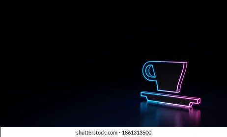 3d render techno neon purple blue glowing outline wireframe symbol of espresso cup for coffee isolated on black background with glossy reflection on floor