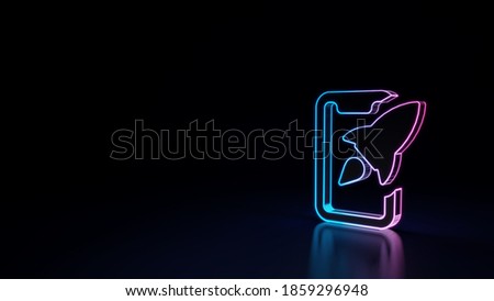 3d render techno neon purple blue glowing outline wireframe symbol of rocket wih mobile phone isolated on black background with glossy reflection on floor